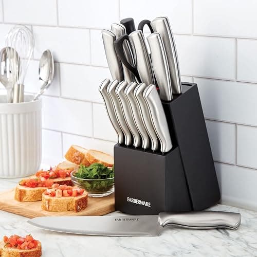 FARBERWARE 15-Piece Kitchen Knife Set with High-Carbon Stainless Steel Blades, Black Handles, Steak Knives, Wood Block, Razor Sharp and Ergonomic thumbnail 2