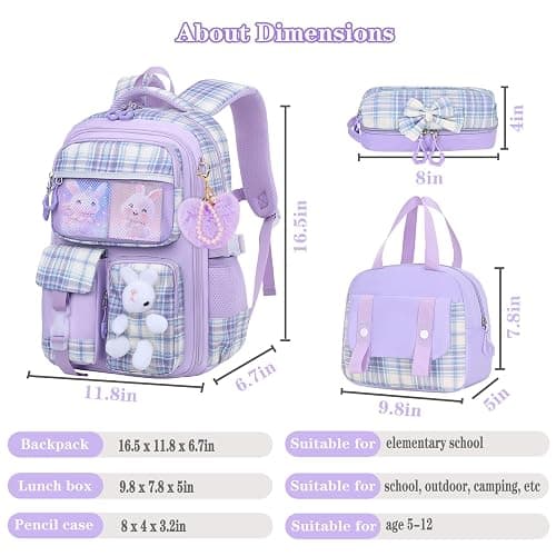 PIKBEAR Girls Backpack Set,Kid School Backpack with Lunch Bag and Pencil Case,Cute Rabbit Bookbag for Elementary (Purple-Bunny) thumbnail 3