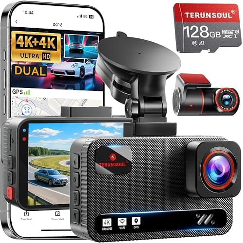 TERUNSOUl 4K+4K Dash Cam Front and Rear, Free 128GB Card Included, 5.8GHz WiFi Dash Camera for Cars, Built-in GPS, G-Sensor, 170°Wide Angle, 3" IPS Screen, 24H Parking Mode, Support 512GB Max - Image 1