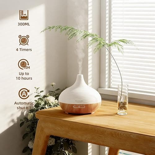 ASAKUKI 300ML Essential Oil Diffuser, Wood Grain BPA-Free Whisper Quiet Cool Mist Humidifier, Natural Home Fragrance Diffuser with 14 Colors LED Lights and Easy to Clean - Light Brown thumbnail 3