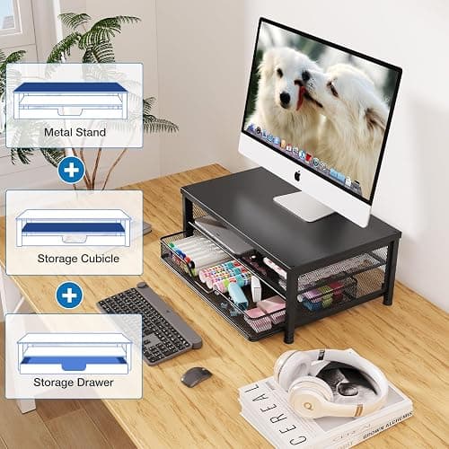 OPNICE Computer Monitor Stand Riser, Desk Organizer with Drawer, Laptop Stand, Office Desk Accessories & Workspace Desktop Organizers Storage for Office Supplies(Black) thumbnail 6