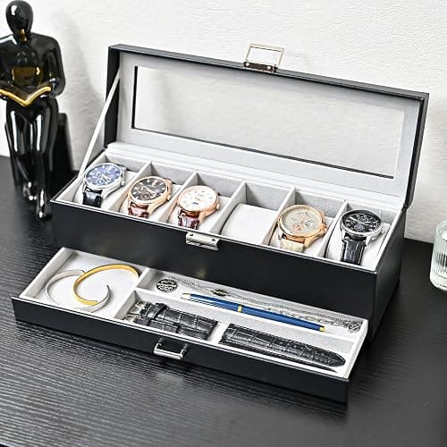 ProCase Watch Box for Men, 6 Slot Watch Display Case with Drawer, Mens Watch Case With Glass Lid, 2-Layer Jewelry and Watch Storage Watch Holder Organizer for Men Women -6 Slot, Black - 6-Slot - Black thumbnail 8