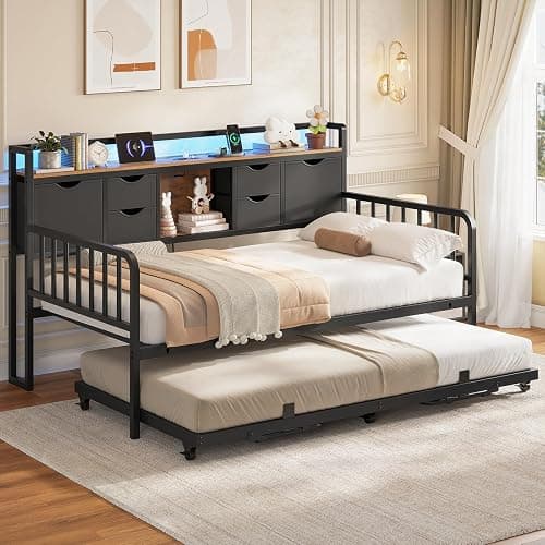 ADORNEVE Daybed with Trundle, Twin Day Bed with Storage Headboard & Charging Station, Height Adjustable Metal Trundle Bed Twin, Sofa Bed Frame for Living Room, Bedroom and Guest Room, Black - Image 1