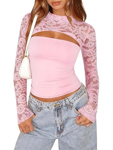 Xuiqx Women's Lace Long Sleeve Going Out Tops Sexy Y2K Crew Neck Cutout Double Lined Slim Night Out Shirts - Image 1