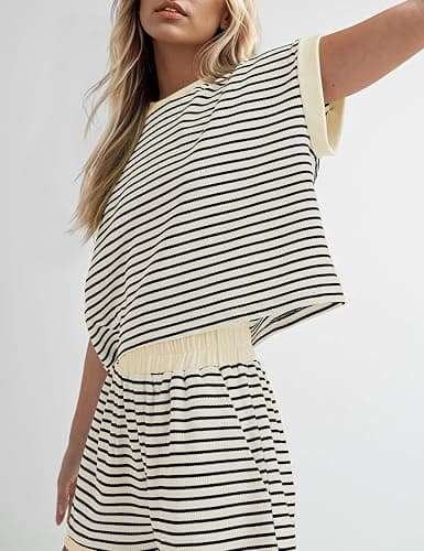 MISSACTIVER 2 Piece Lounge Set Women Stripe Knit Short Sleeve Tee Shirts Shorts Casual Summer Loungewear Shorts Sets thumbnail 3