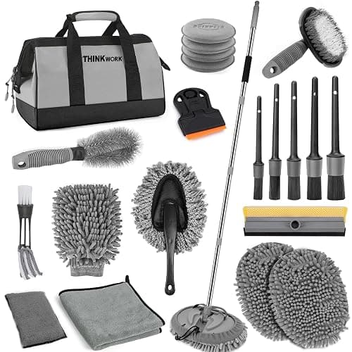 THINKWORK Car Wash Kit, Car Washing Brush with Long Handle, Extendable Car Wash Brush Mop with 2-in-1 Windshield Squeegee and 9Pcs Detailing Brush, Gray Car Detailing Kit Gift for Men - Image 1
