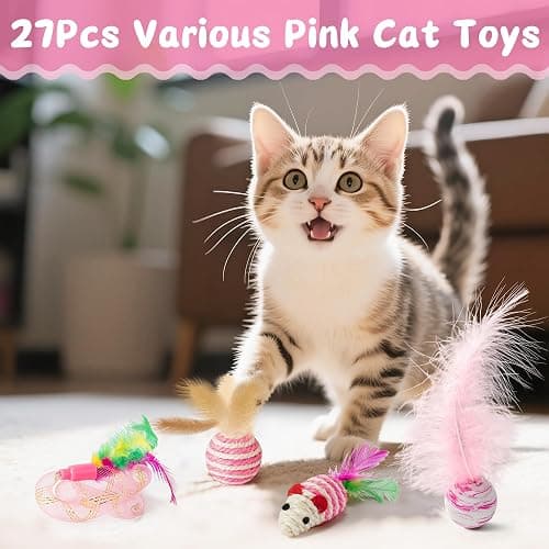 MALLMALL6 Cat Interactive Toys Set - 27Pcs Kitten Toys Stuff Pink Feather Teaser Wand Springs Mice Sisal Fish Crinkle Balls Bell Balls, Puzzle Gift Pack for Indoor Kitty Play Exercise thumbnail 6