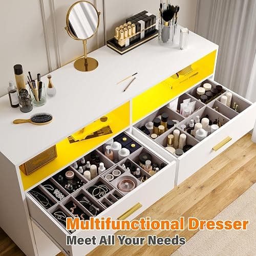 EnHomee White Dresser with LED Lights, 6 Drawers & 2 Open Shelves Top Dresser for Bedroom, Wood Chests of Drawers thumbnail 8