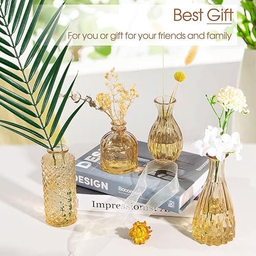 Gold Amber Glass Bud Vases Set of 12, Small Vases for Flowers | Mini Vintage Vases, Bud Vase in Bulk, For Wedding Decor, Single Flowers, Office and Home Table Flower Décor thumbnail 5