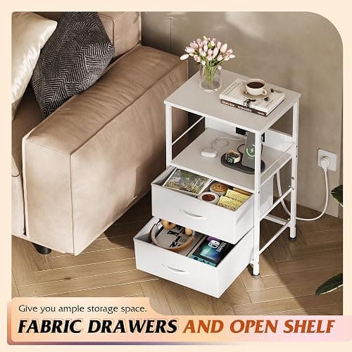 WLIVE White Night Stand with Charging Station, LED Nightstand with 2 Fabric Drawers and Storage Shelf, Dorm Bedside Table End Table with 2 USB Ports and Outlets, Small Dresser for Bedroom thumbnail 6