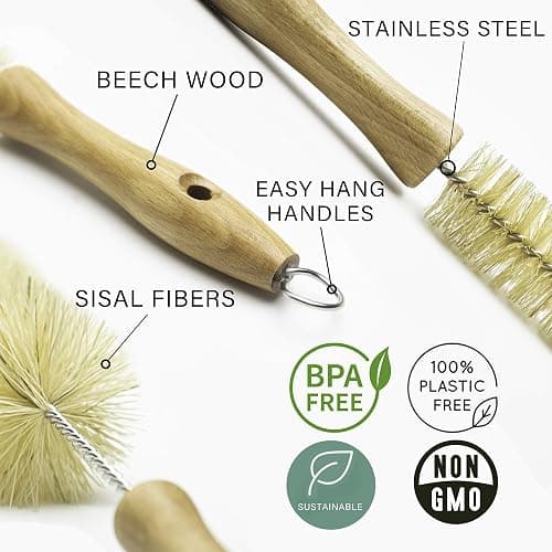 All Natural Bottle Brush and Straw Set (NO Plastic) Sisal Bristles and Wood Handle Bottle Cleaners for Washing Narrow Beer Bottles, Sports/Water Bottles, Tumbler, Kettles, Lid Brush, Long Straw Brush thumbnail 5