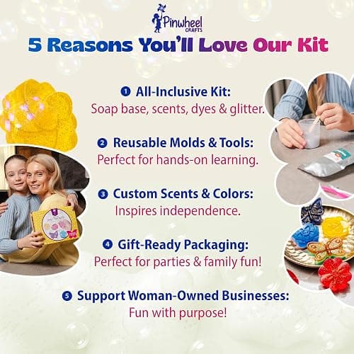 Pinwheel Crafts DIY Soap Making Kit for Kids Ages 5 6 7 8-12+ with Molds, Scents, Dye, Glitter, Foaming Net - Flower Soap Making Kits for Adults Beginners Great for Science Projects and Crafts thumbnail 7