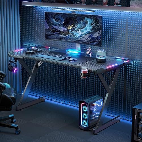 HLDIRECT 47 Inch Gaming Desk with LED Lights, Ergonomic Computer Gaming Table with Carbon Fibre Surface, Sturdy PC Workstation Desk for Home Office with Headphone Hook, Cup Holder, Black thumbnail 6