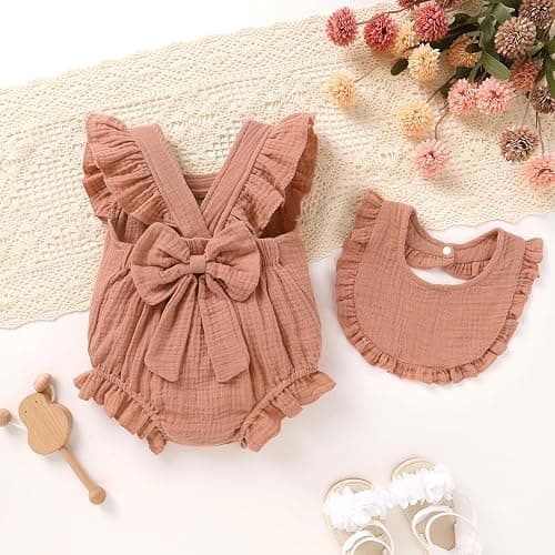 YOUNGER TREE Baby Girl Romper 100% Cotton Ruffle Sleeveless Summer Outfit with Accessory Soft Infant Clothes for Daily Wear thumbnail 3