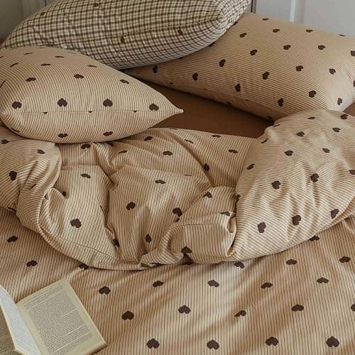 Bildenly Heart Duvet Cover Queen Size Brown Hearts Vertical Ticking Striped Bedding Set Vintage Striped Love Heart Soft Breathable Microfiber Comforter Cover Set with Zipper Closure and 2 Pillowcases thumbnail 7