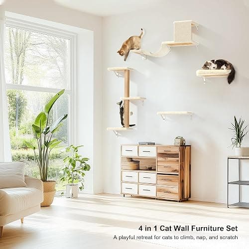 FUKUMARU Cat Wall Shelves, Stable & Safe 4 in 1 Large Cat Walls Furniture Set, Wooden Kitten Climbing Wall with Scratching Post for 16 Inch Drywall - Beige thumbnail 2