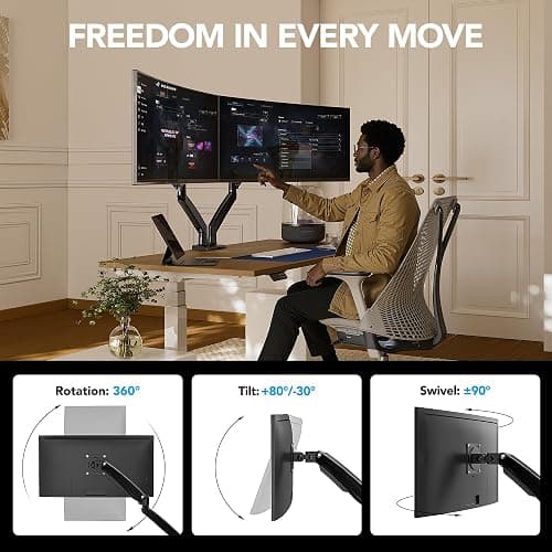 HUANUO Dual Monitor Stand for 13″–40″, Premium Dual Monitor Mount with USB, Height Adjustable Monitor Stand for 2 Monitors, VESA Mount with Clamp/Grommet Base, Holds 26.4lbs per Arm, HNDS7 thumbnail 3
