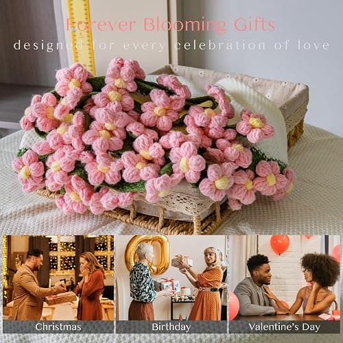 EIGHTOWN 43'' Crochet Flowers Rose Bouquet Blanket Finished - Handmade Knitted Throw Blanket with Pink Puff Flowers - Home Décor Ideal Women Gift for Mom - Mother's Day Birthday Valentine's Day thumbnail 3