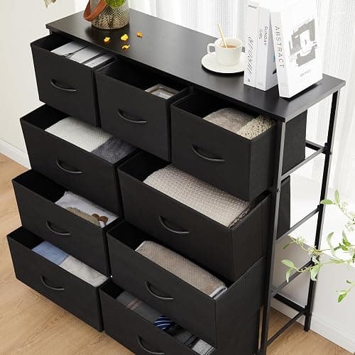 DUMOS Dresser for Bedroom, Storage Organizer with 9 Drawers, Chest of Drawers with Fabric Bins, Sturdy Metal Frame, Wood Tabletop for Guest Room, Closet, Entryway, Black thumbnail 8