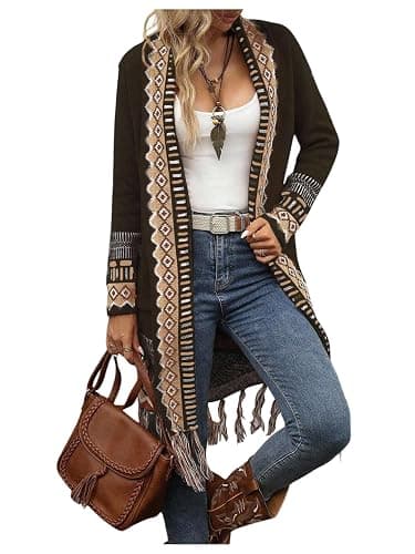 MakeMeChic Women's Fringe Long Cardigan Sweaters Boho Western Sweater | Open Front, Winter Fall Sweater, Cowgirl, Western Outfits, Winter Fall Outfits - Image 1