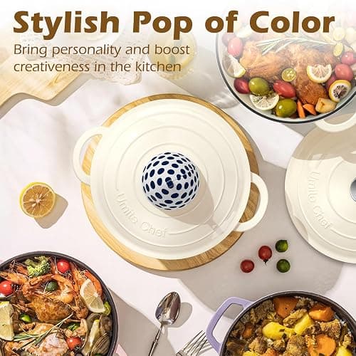Enameled Cast Iron Dutch Oven - Umite Chef 5QT Pot with Lid & Cotton Potholders - Heavy-Duty Cookware for Bread Baking, Braising, Stews, Roasting(Cream White) thumbnail 8