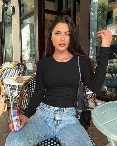 OQQ Womens 2 Piece Shirts Long Sleeve Crew Neck Ruched Stretch Basic Fitted Tee Shirts Tops - Black,pitaya - Large thumbnail 2