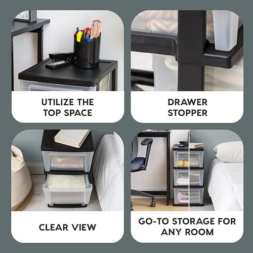 IRIS USA Plastic Drawer Storage Organizer, 3-Drawers, 2-Pack, for Classroom Art Craft Supplies, Bathroom Bedroom, Laundry Room, Black/Clear thumbnail 4
