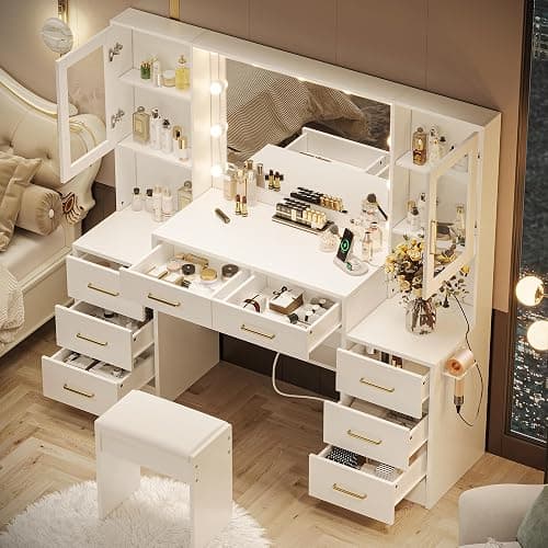 58.3" Large Vanity Desk with Mirror & Lights, Makeup Vanity with 10 LED Lights, 8 Metal Sliding Drawers & 2 Cabinets, White Vanity Set with Stool & Power Outlet 3 Lighting Modes Adjustable Brightness thumbnail 3