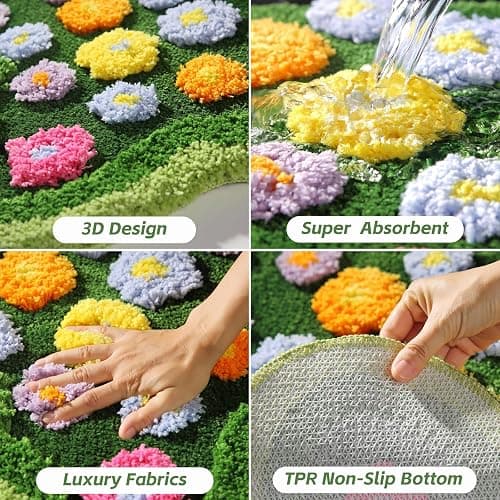 Floral Spring Moss Green Area Rug for Bedroom Living Room, Irregular Cute Non-Slip Bathroom Mat, Washable Aesthetic Accent Carpet for Women Dorm, Unique Floral Floor Rug for Boho Home Decor thumbnail 5