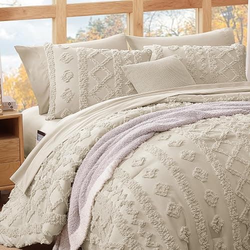 Queen Size Comforter Set- 7 Pieces Tufted Bed in a Bag Queen Bedding Sets | All Season Shabby Chic Boho Bedding with Comforter, Sheets, Pillowcases & Shams, Beige thumbnail 3