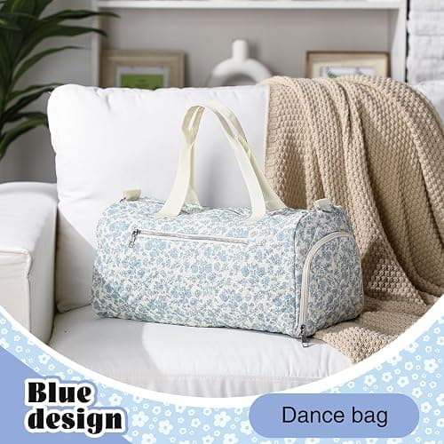 Dansydaisy Blue Floral Quilted Duffle Bag for Women Cotton Large Floral Travel Duffle Dance Bag with Adjustable Carry Strap and Handy Pouch Backpack for Dancers Travel thumbnail 3