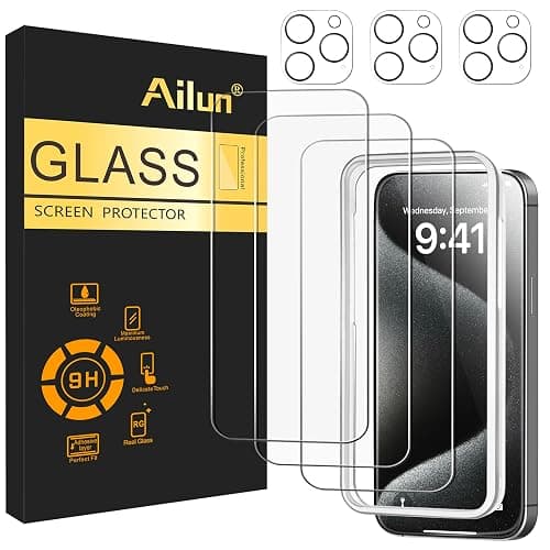 Ailun 3 Pack Screen Protector for iPhone 15 Pro Max [6.7 inch] + 3 Pack Camera Lens Protector with Installation Frame,Sensor Protection,Dynamic Island Compatible,Case Friendly Tempered Glass Film - Image 1