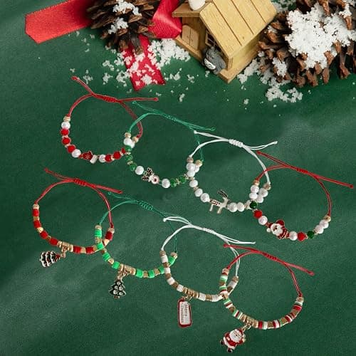 Bovemee Christmas Bracelets for Women Holiday Party Favors | Set of 8, Adjustable Fit, Festive Charms, Stocking Stuffers, Red & Green Beads thumbnail 3