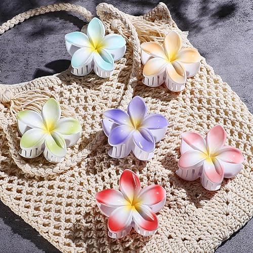 CHANDAT Flower Hair Clips 6 PCS Hawaiian Claw Clips for Vacation Hibiscus Hair Claw Clips Cute Large Hair Clips for Thick and Thin Hair Plumeria Hair Accessories for Women Girls -Light Petal thumbnail 4