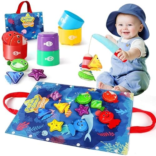 Montessori Toys for 1 Year Old - 17 in 1 Cloth Toddler Fishing Game with Stacking Cups Color Sorting, Baby Toy 12-18 Months One Year Old Boy Birthday Gift, Toddler Toys for 1 2 Year Old Boy Girl Gifts - Image 1
