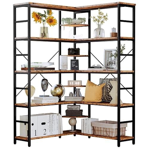 IRONCK Industrial Bookcases and Bookshelves, Book Shelf, Vintage Brown | 5 Tiers Corner Bookcase with Curved Panels, L Shaped Bookshelf with Metal Frame for Open Storage for Living Room, Home Office - Image 1