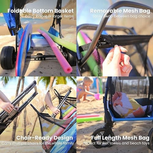 Strolee Large Wheeled Collapsible Beach Cart for Soft Sand, Shopping, Camping & Garden- Lightweight Aluminum Frame- Removable Storage Bag with Carrying Straps, X-L Capacity & Cooler Rack (Blue) thumbnail 7