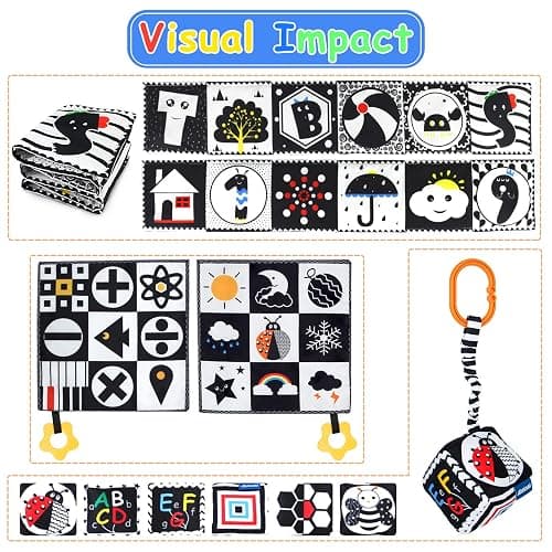 KUANGO 3 Pcs Black and White High Contrast Baby Toys for Newborn, Montessori Sensory Soft Book for Early Education, Infant Tummy Time Toys 0-9 Months Baby Gifts thumbnail 4