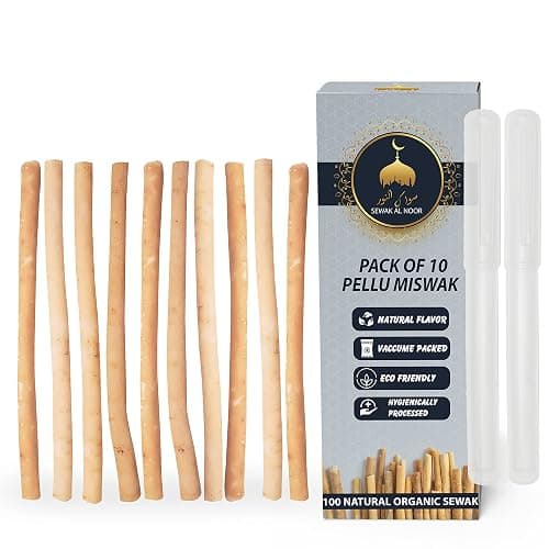 Sewak Al Noor Pack of 10 Miswak Sticks for Teeth with Holder - Vacuum Sealed Natural Flavored Chew Sticks for Humans - Natural Toothbrush for Teeth Whitening, Oral Health & Fresh Breath || Pack of 10 - Image 1