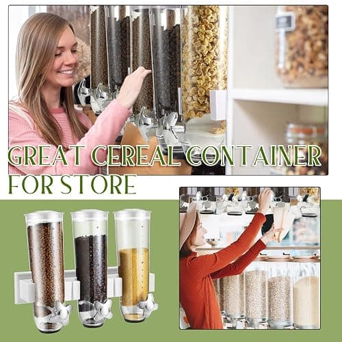 Umigy 1 Pcs Candy Dispenser Wall Mounted, Triple Dry Cereal Grain Dispenser Machine Wall Mount, Food Storage Container for Pantry Snack with 3 Cup for Kitchen, 39 oz (White) - White - 1 thumbnail 6