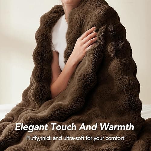L'AGRATY Faux Rabbit Fur Blanket: 60" x 80" Twin Luxury Soft Fluffy Thick Fur Throw Blanket for Couch Bed Sofa - Cozy Plush Bubble Blankets for Winter: Flannel Fleece Decorative Blanket(Cocoa Brown) thumbnail 6