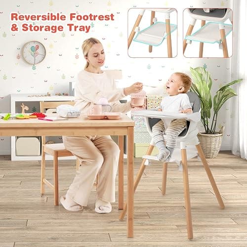 HONEY JOY Baby High Chair, 6 In 1 Convertible Wooden Highchair for Babies and Toddlers/Toddler Chair/Bar Stool, Removable Double Tray & Reversible Footrest, Safety Harness for Infant Boys Girls (Gray) thumbnail 6