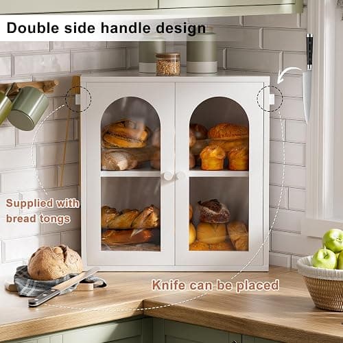 WOWLIVE Corner Bread Box for Kitchen Countertop, 2 Tier Bamboo Bread Storage Container for Homemade Bread with Clear Acrylic Door Panel, Bread Bin Farmhouse Breadbox Organizer (White, Extra Large) thumbnail 5