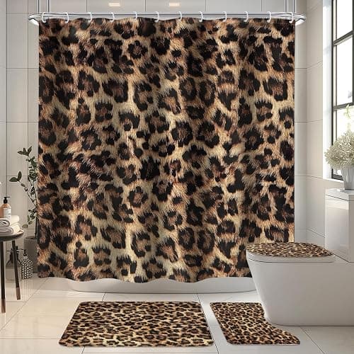 LIGHTINHOME 4 PCS Leopard Print Shower Curtain Set 72Wx72H,Toilet Lid Cover,Non-Slip Rugs and U-Shaped Mat,Wild Safari Cheetah Bathroom Sets with Rugs Shower Accessories 12 Hooks for Bathroom Decor thumbnail 3