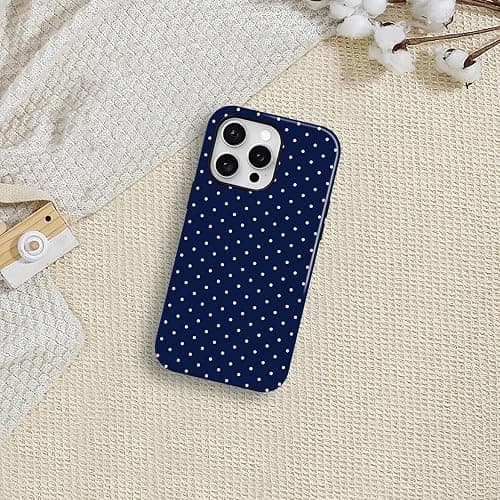Zilkaifly Trendy Cute Hybrid 2 Layer Navy Blue Polka Dot Phone Case for iPhone 16 Pro Max,Navy thumbnail 5