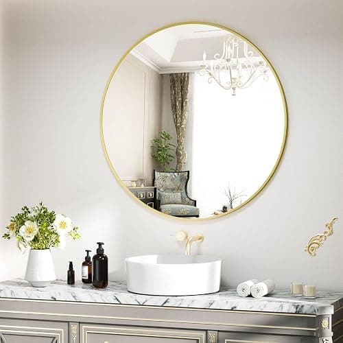 VooBang Gold Round Bathroom Mirror, 28 inch Circle Wall Mounted Hanging Mirror with Simple Modern Circular Metal Frame for Hallway, Entryway, Living Room, Gold Frame thumbnail 4