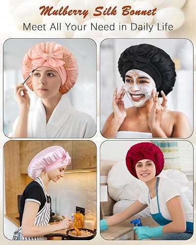 choshion 100% Mulberry Silk Bonnet for Sleeping Women,Pure Real Silk Bonnet | Hair Bonnets with Tie + Scrunchie, Large Cute Adjustable Double Layer, Anti-frizz Sleep Cap for Curly Hair Braids Long Hair thumbnail 8