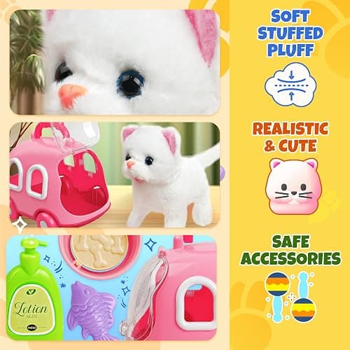 SMILESSKIDDO Walking Cat Toys for Girls - Electronic Kitty Meow with Wagging Tail, Storage Cage and Accessories, Interactive Pet Care Playset, Gifts for Toddlers 1 2 3 4 5 6 Year Old thumbnail 4