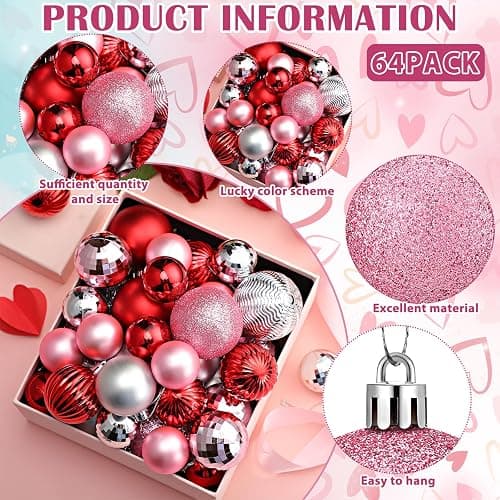 Lunmon 64 Pcs Valentine's Day Ball Ornaments Glitter Pink Red and Silver Ornaments 1.6/1.97/2.4 Inch Assorted Size Balls Valentines Decorations for Tree Home Indoor Wreath Mantel Stairs Decor thumbnail 4