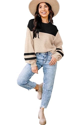 Womens Sweaters Fall 2025 Fashion Long Sleeve Color Block Oversized Sweater Trendy Casual Crew Neck Knitted Tops Pullover thumbnail 2